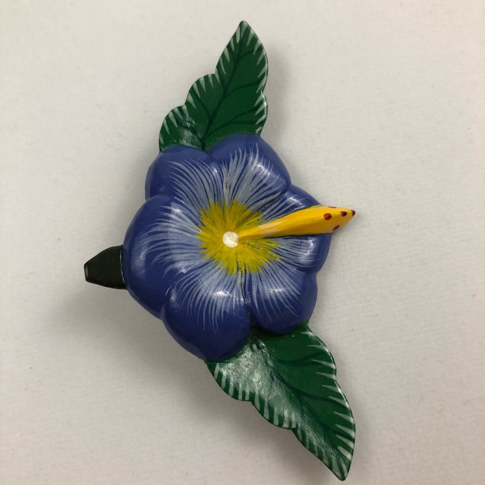 Vintage Blue Hibiscus Flower Pin View 2